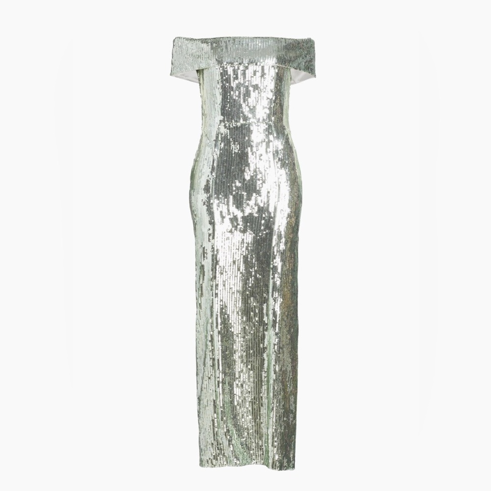 Galvan London 'Glencoe' Sequined Off-The-Shoulder Gown in Seaglass - Picture 2 of 6